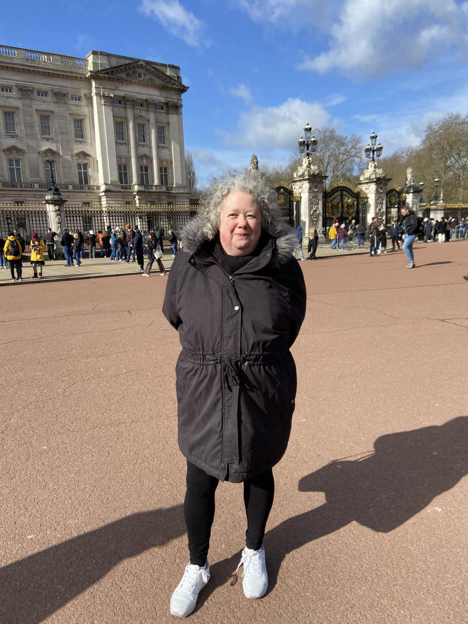 Vicky Daniels outside Buckingham Palace on Saturday. (Henry Austin / NBC News)