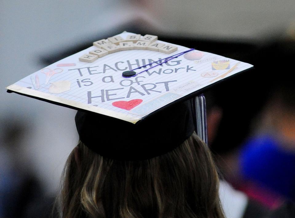A personal message on a mortar board is displayed during the 176th Baccalaureate Ceremony on May 13, 2022, at the University of Mount Union.