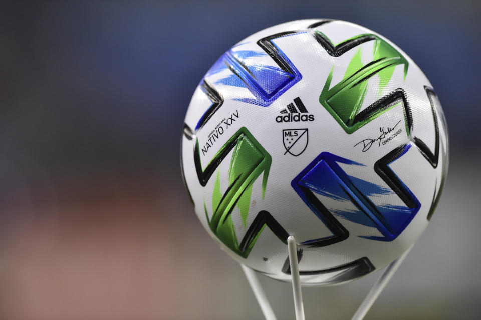 MONTREAL, QC - FEBRUARY 29:  The official MLS ball ahead of the game between the Montreal Impact and New England Revolution at Olympic Stadium on February 29, 2020 in Montreal, Quebec, Canada. The Montreal Impact defeated New England Revolution 2-1.  (Photo by Minas Panagiotakis/Getty Images)