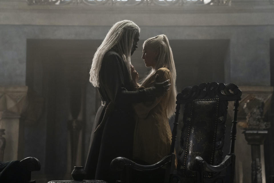 Steve Toussaint as Lord Corlys Velaryon, Eve Best as Princess Rhaenys Targaryen - Credit: Ollie Upton/HBO.