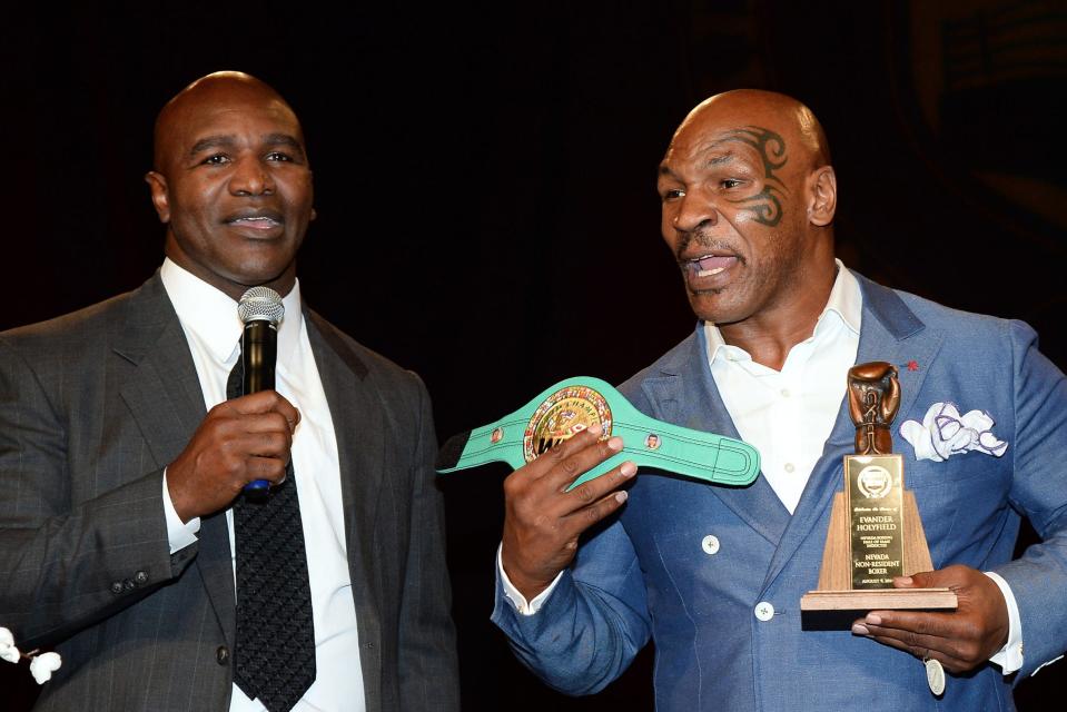 <p>Evander Holyfield and Mike Tyson - who fought twice in the 1990s - pictured in 2014</p> (Getty Images)