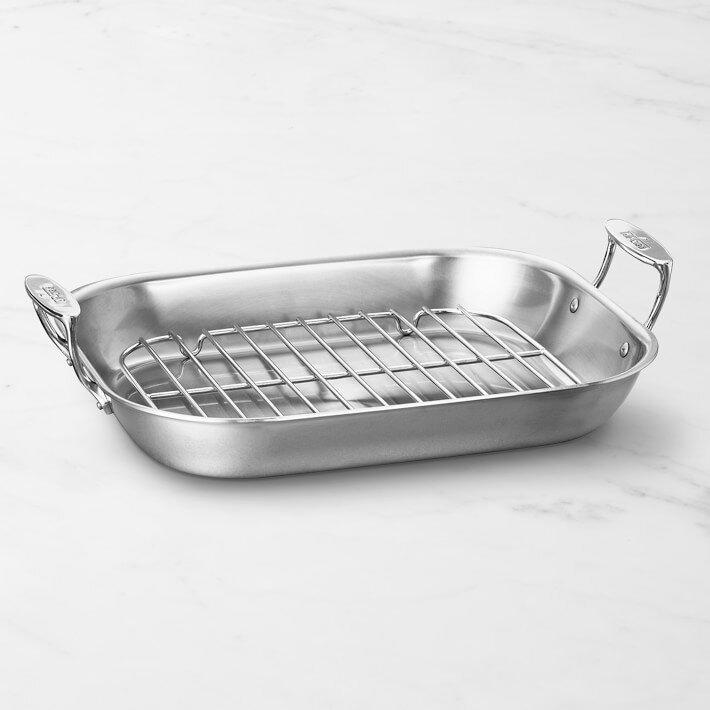 large steel roasting pan with matching rack