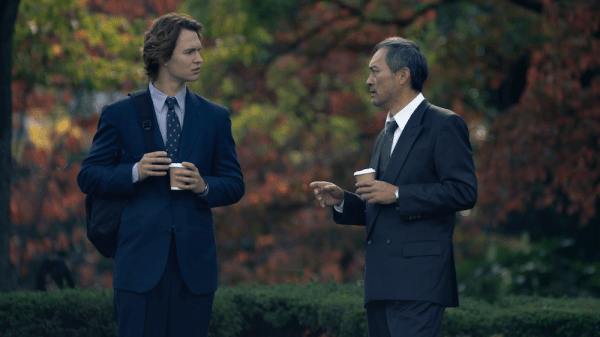 Ansel Elgort and Ken Watanabe in Tokyo Vice.