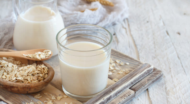 OTLY stock: Image of oat milk on a tray.