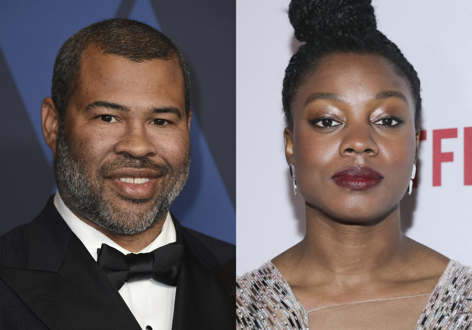 Jordan Peele appears at the Governors Awards in Los Angeles on Oct. 27, 2019, left, and Nia DaCosta appears at the 11th Annual AAFCA Awards in Los Angeles on Jan. 22, 2020. Peele, co-wrote the script "Candyman" with DaCosta, who also directs. (AP Photo)