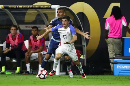 Jun 21, 2016; Houston, TX, USA; United States midfielder Christian Pulisic (17) attempts to control the ball during the second half against Argentina in the semifinals of the 2016 Copa America Centenario soccer tournament at NRG Stadium. Argentina won 4-0. Troy Taormina-USA TODAY Sports