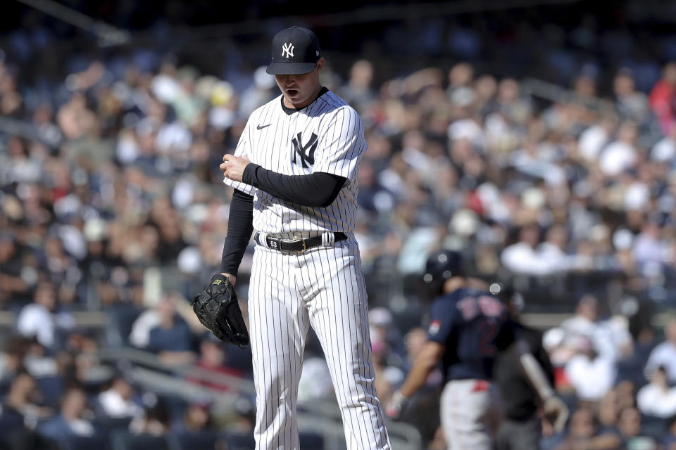 New York Yankees relief pitcher Zack Britton reacts after getting taken out against the Boston Red Sox during the sixth inning of a baseball game Saturday, Sept. 24, 2022, in New York. (AP Photo/Jessie Alcheh)