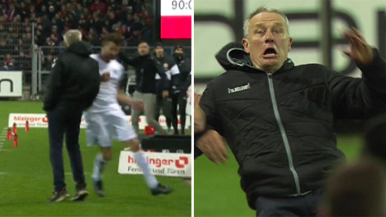 Frankfurt captain David Abraham shoulder charged opposition manager Christian Streich. (Images: Twitter)