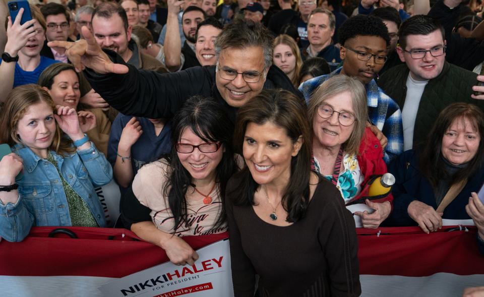 FALLS CHURCH, VIRGINIA - FEBRUARY 29: Republican presidential candidate, former U.N. Ambassador Nikki Haley greets supporters after speaking at a campaign event at the Westin Hotel on February 29, 2024 in Falls Church, Virginia. Sixteen states, including Virginia, vote March 5 in the Super Tuesday primaries. (Photo by Nathan Howard/Getty Images) ORG XMIT: 776112914 ORIG FILE ID: 2041452819