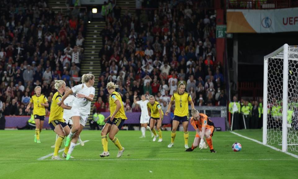 Alessia Russo’s backheel nutmegs Hedvig Lindahl for surely the goal of th tournament.