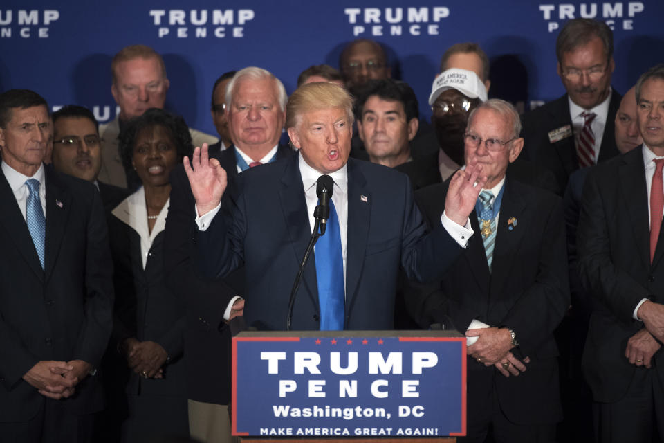 Then Republican presidential candidate Donald Trump states that he believes President Obama was born in the United States during a campaign event with veterans at the Trump International Hotel on Pennsylvania Ave., NW, September 16, 2016. (Photo: Tom Williams/CQ Roll Call via Getty Images)