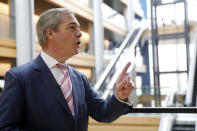 Nigel Farage, the leader of the Brexit Party, answers reporters at the European parliament Tuesday, Jan.14, 2020 in Strasbourg, eastern France. (AP Photo/Jean-Francois Badias)