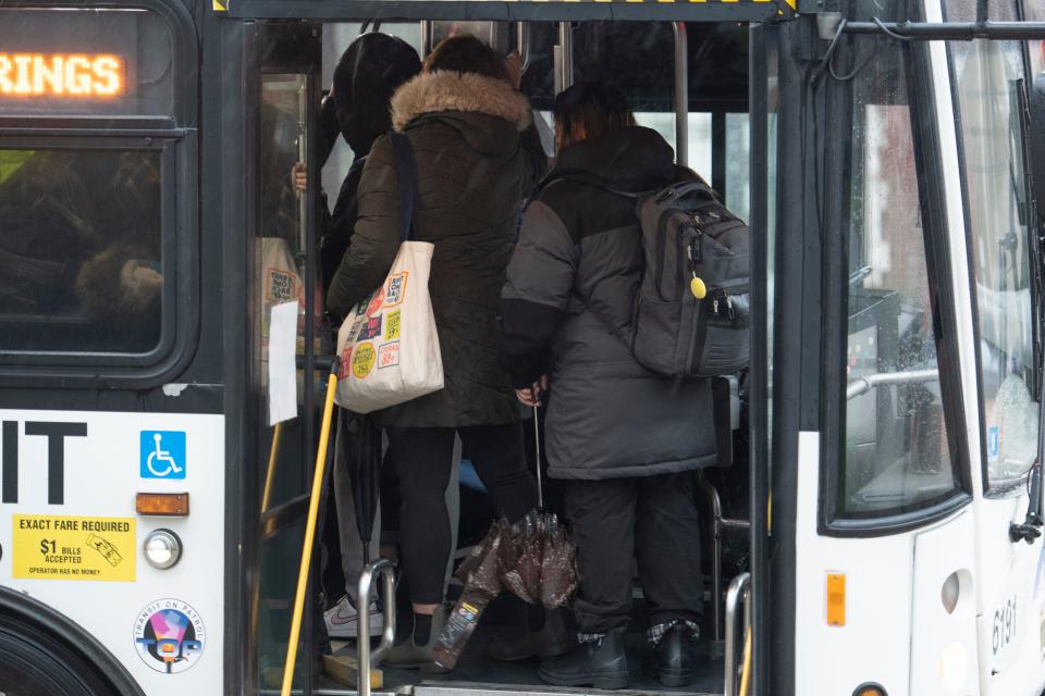 Commuters board the 10 NJ Transit Bus on J.F. Kennedy Blvd at Audubon Ave in Jersey City, N.J. on Wednesday April 6, 2022. 