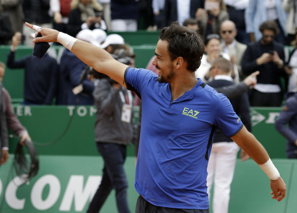 Italy's Fabio Fognini celebrates after defeating Serbia's Dusan Lajovic in the men's singles final match of the Monte Carlo Tennis Masters tournament in Monaco, Sunday, April, 21, 2019. (AP Photo/Claude Paris)