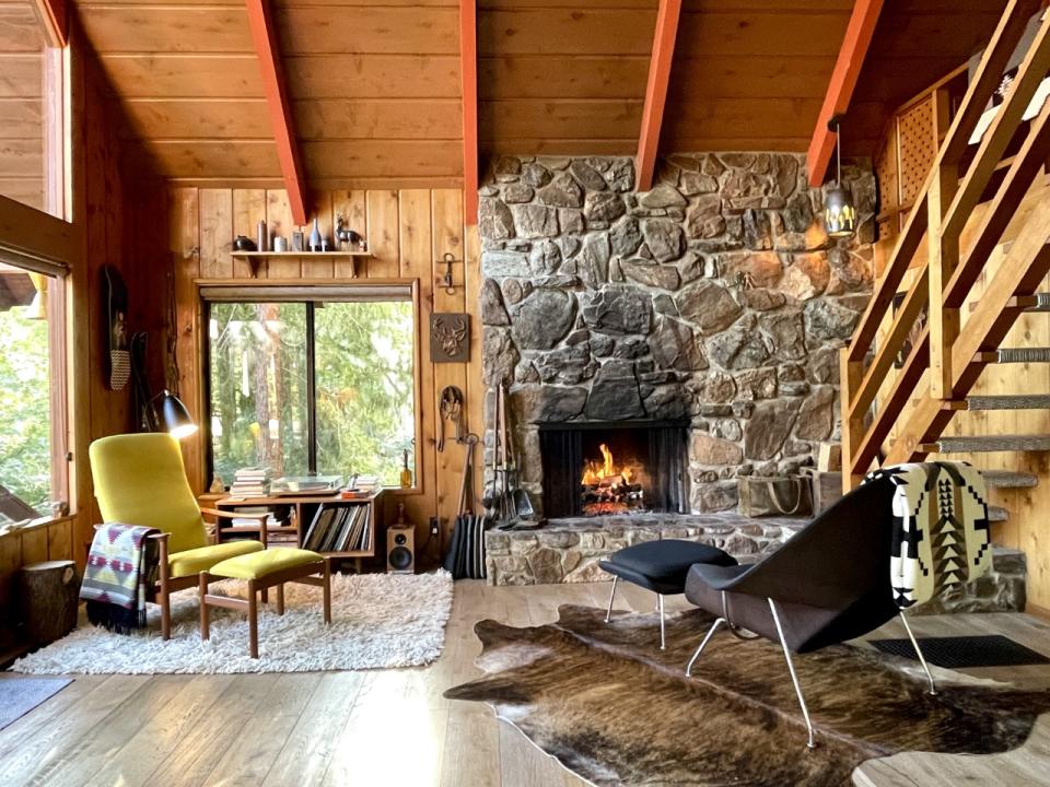 Idyllhaus is a 1962 A-frame vacation rental that includes a wood-burning fireplace, redwood deck and two-person Duravit bathtub (from 3, @idyllhaus on Instagram). - Credit: Anthony Durazzo