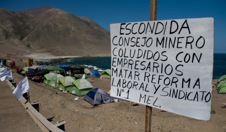 A camp set by striking workers of the world's biggest copper mine, Escondida, in Antofagasta, Chile, is seen on March 10, 2017