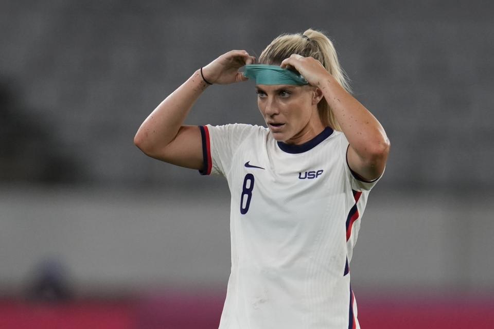 FILE - United States&#39; Julie Ertz reacts after losing to Sweden at the 2020 Summer Olympics, Wednesday, July 21, 2021, in Tokyo. Ertz was named to the U.S. national team roster for a pair of upcoming matches against Ireland next after taking time off for the birth of her son. Ertz was among 26 players named to the roster, announced by coach Vlatko Andonovski on Tuesday, March 28, 2023. (AP Photo/Ricardo Mazalan, File)