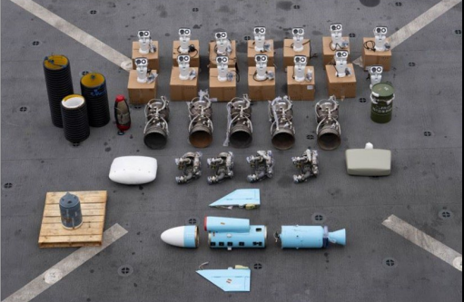 A photo of weapons components allegedly found on a small ship in the Arabian Sea intercepted by the U.S. Navy on Jan. 11, 2024. / Credit: Justice Department