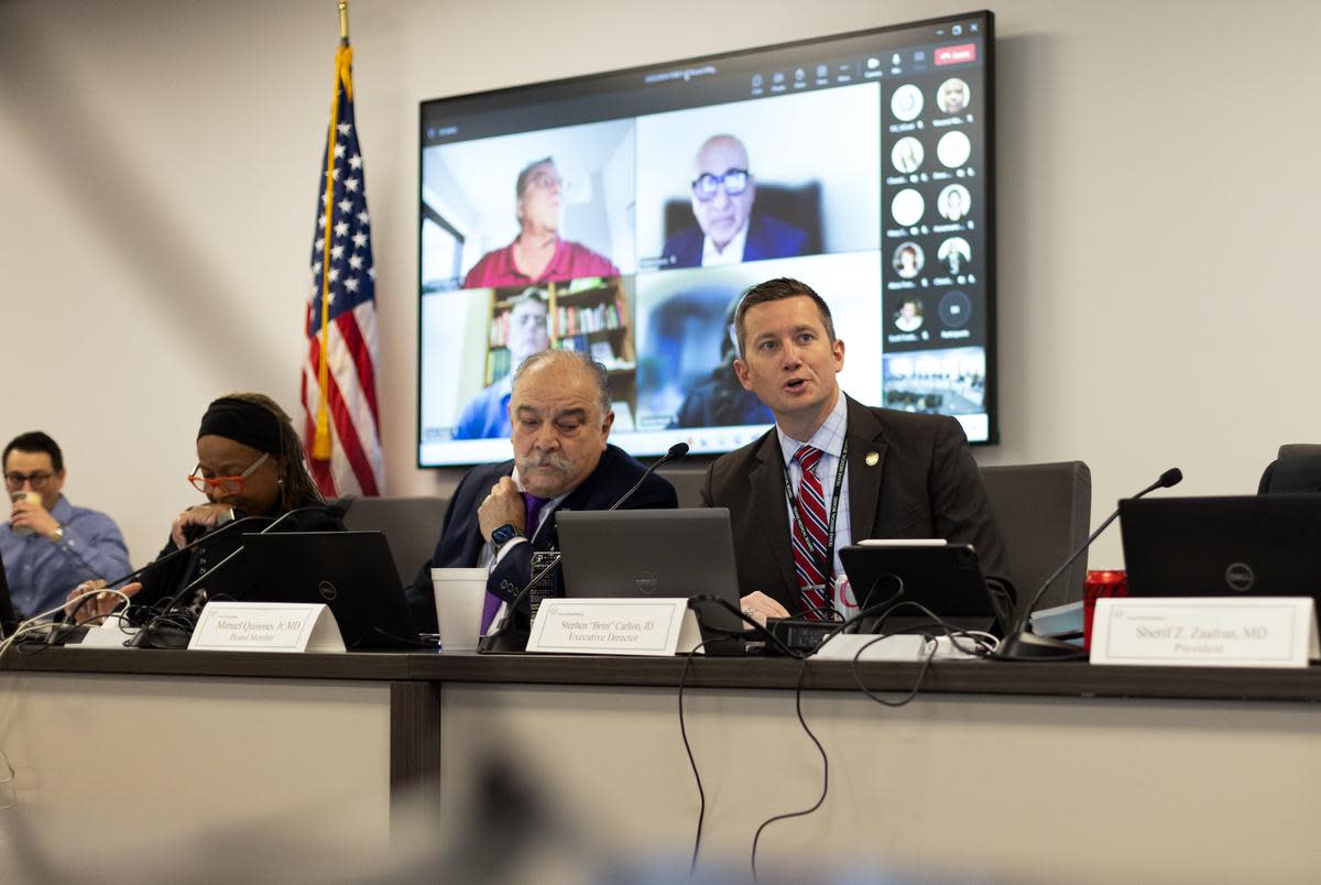 Executive Director of the Texas Medical Board Stephen Brint Carlton, J.D., speaks prior to the start of the Texas Medical Board Full Board Meeting in the George H.W. Bush Building in Austin, Texas on Mar. 22, 2024. The meeting was postponed 15 minutes from the original start time of 8 a.m.