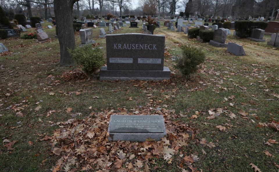 The grave of Cathleen (Schlosser) Krauseneck located in the Krauseneck family plot in Hillside Cemetery in St Clair, MI Wednesday, Dec. 4, 2019.  Cathleen was murdered in Feb. 1982 in Brighton. Her husband James Krauseneck was charged with her murder in November this year. 