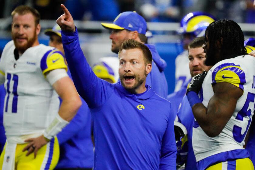 DETROIT, MI - JANUARY 14: Los Angeles Rams head coach Sean McVay watches his team.