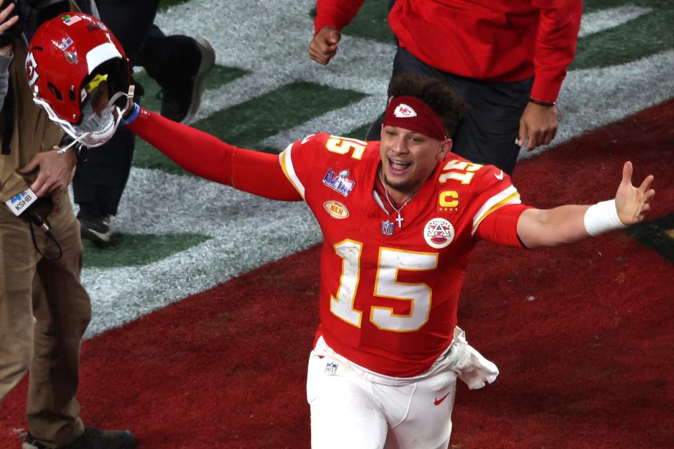 Chiefs quarterback Patrick Mahomes celebrates after the Chiefs' 25-22 overtime win in Super Bowl 58 on Sunday, Feb. 11, 2024, in Las Vegas.