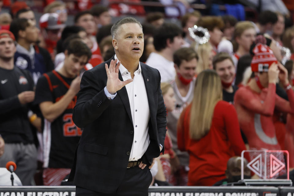 Ohio State head coach Chris Holtmann instructs his team against Duke during the first half of an NCAA college basketball game Tuesday, Nov. 30, 2021, in Columbus, Ohio. (AP Photo/Jay LaPrete)