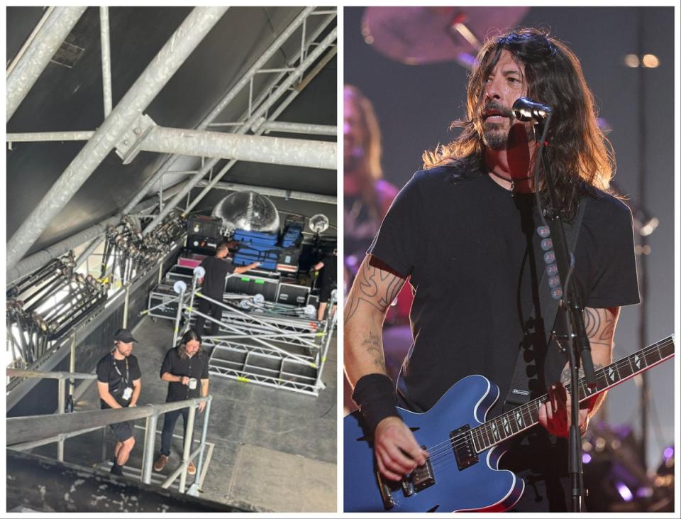 Links: Dave Grohl wurde hinter der Bühne auf der Pyramid Stage in Glastonbury 2023 gesichtet (Twitter/@RichWoodyWood)