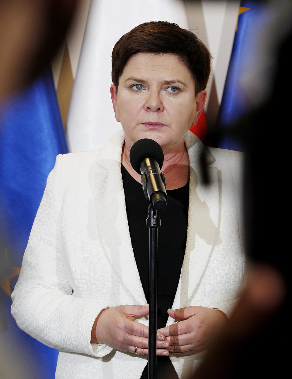 Poland's Deputy Prime Minister Beata Szydlo tells reporters that the latest pay talks with teachers who have been on strike for 11 days have failed and appeals to teachers to suspend the protest for next month's important exams, in Warsaw, Poland, Thursday, April 18, 2019. (AP Photo/Czarek Sokolowski)