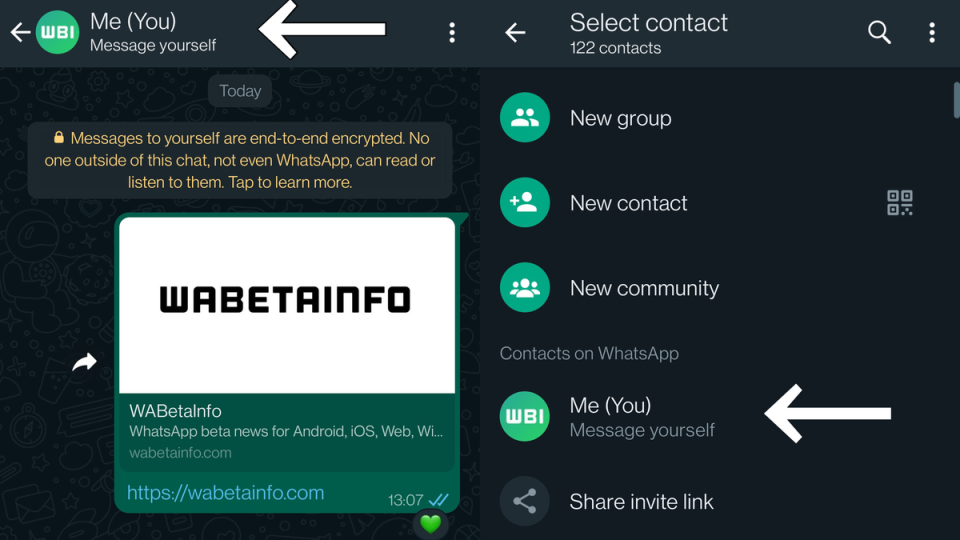 Messaging yourself in the WhatsApp beta (WABetaInfo)