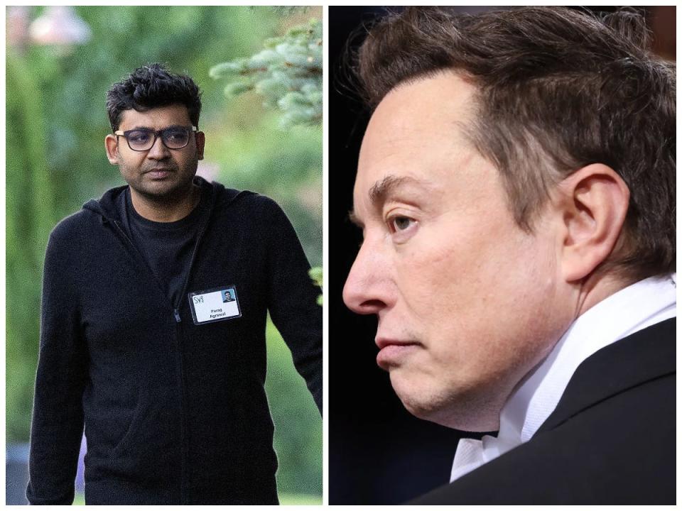 Twitter CEO Parag Agrawal at left and Tesla and SpaceX CEO Elon Musk at right
