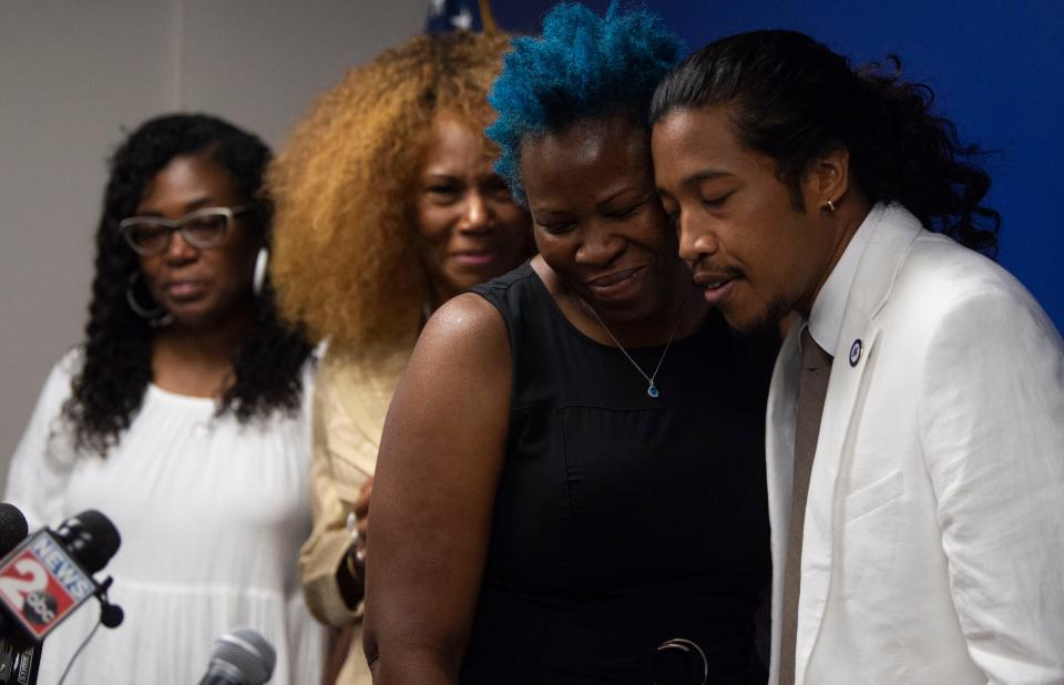 Shaundelle Brooks, President of the Akilah DeSilva Foundation, hugs Rep. Justin Jones after he introduces her during a press conference at Cordell Hull State Office Building in Nashville , Tenn., Thursday, July 20, 2023. Brooks spoke about her son, Akilah Shaundelle, who was killed in the 2018 Waffle House shooting.