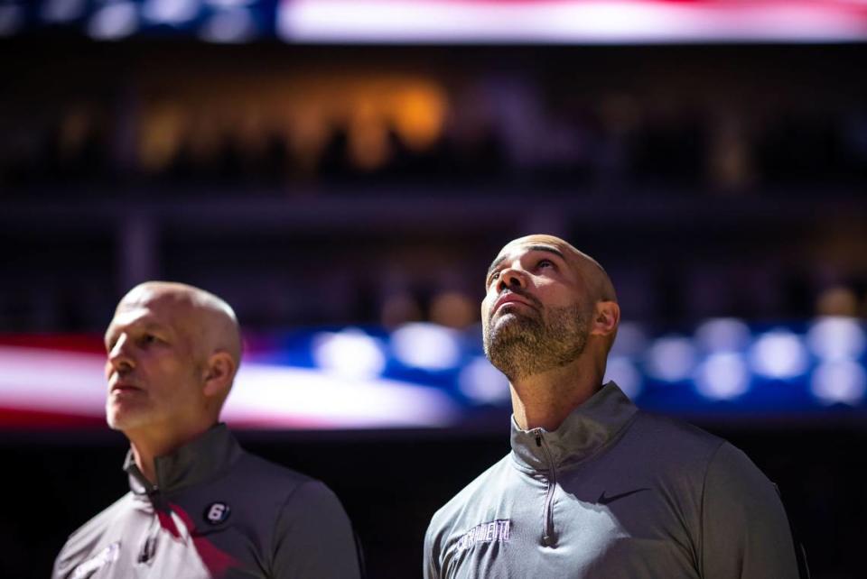 Sacramento Kings associate head coach Jordi Fernandez looks up at the end of the National Anthem before the Kings play against the Minnesota Timberwolves at the NBA basketball game Saturday, March 4, 2023, at Golden 1 Center in Sacramento.