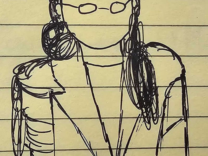 Sketch of Caroline Ellison testifying in court. (Nik De/CoinDesk)