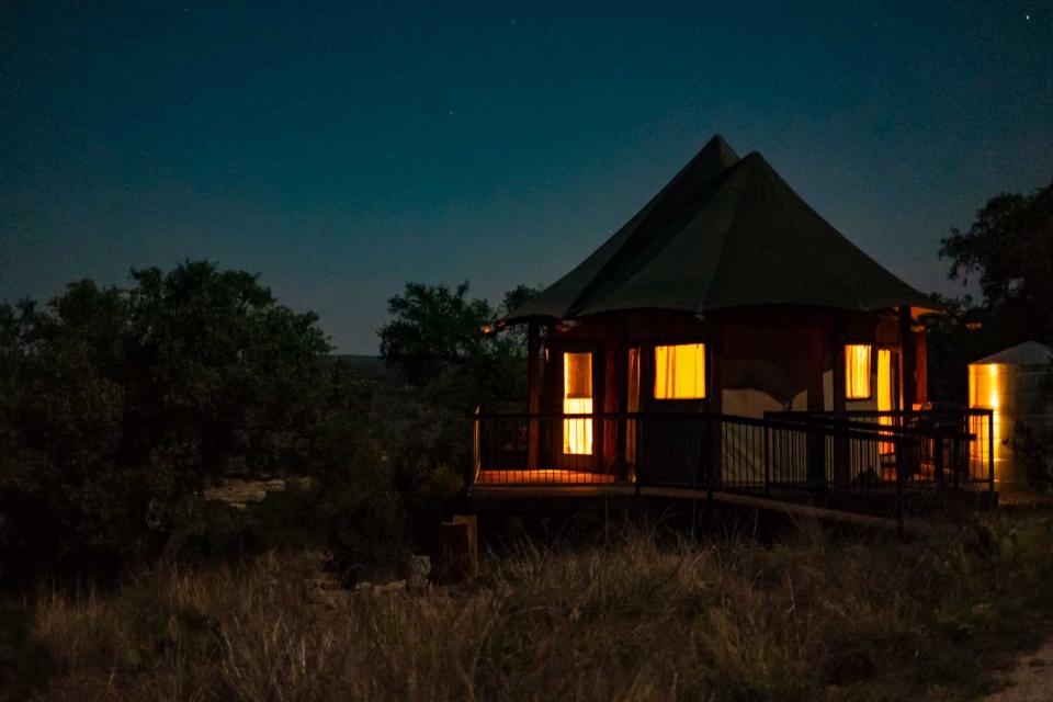 Bluebonnet suite at Walden Retreats seen at night