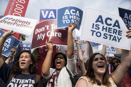 Supporters of the Affordable Care Act celebrate after the Supreme Court up held the law in the 6-3 vote in Washington, June 25, 2015. REUTERS/Joshua Roberts