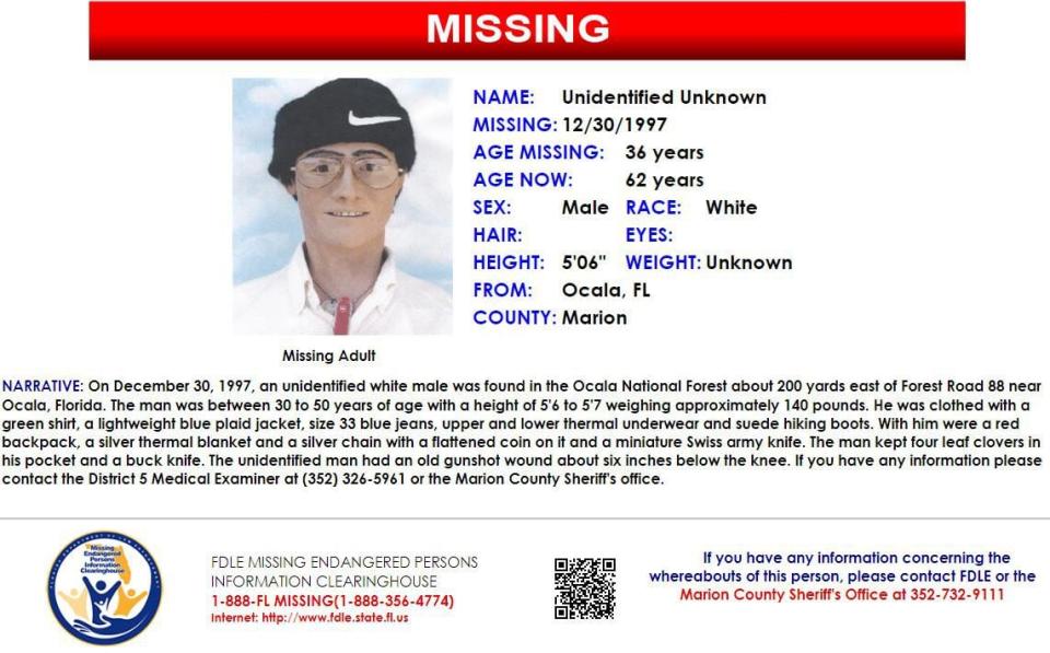 An unidentified man was found dead in the Ocala National Forest on Dec. 30, 1997.