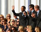 Sep 29, 2016; Chaska, MN, USA; Team USA vice-captain Tiger Woods is introduced during the opening ceremony for the 41st Ryder Cup at Hazeltine National Golf Club. Mandatory Credit: John David Mercer-USA TODAY Sports