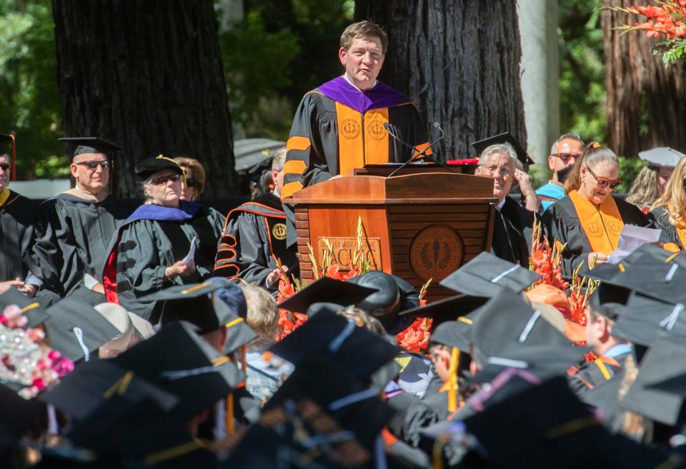 University of the Pacific Board of Regents chair Norman E. Allen speaks at the 2022 commencement ceremonies.