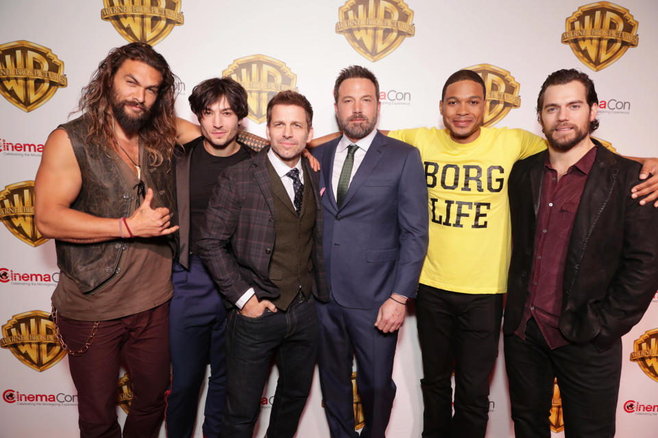 Jason Momoa, Ezra Miller, Director Zack Snyder, Ben Affleck, Ray Fisher and Henry Cavill seen at Warner Bros. Pictures "The Big Picture" at 2017 CinemaCon on Wednesday, March 29, 2017, in Las Vegas. (Photo by Eric Charbonneau/Invision for Warner Bros./AP Images)