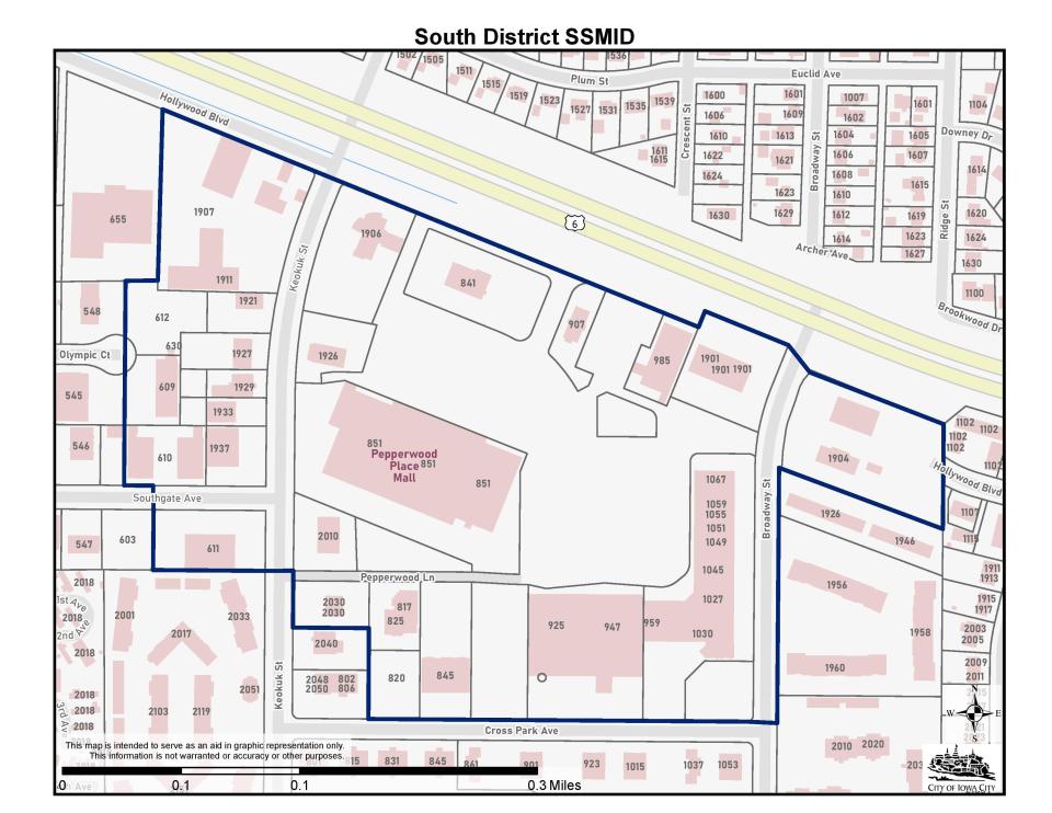 This map shows the proposed South District Self-Supported Municipal Improvement District centered around Pepperwood Plaza in Iowa City.