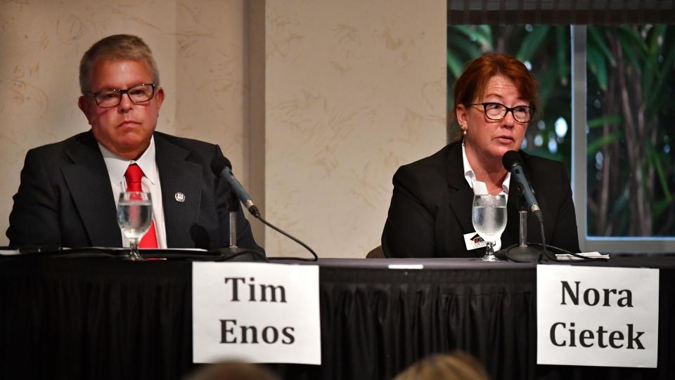 Sarasota County District 5 School Board Candidates Tim Enos and Nora Cietek at Tiger Bay on Thursday, June 16, 2022