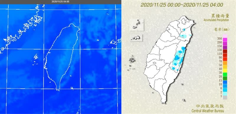 左圖：今（25日）晨4時紅外線色調強化雲圖顯示，台灣迎風面層雲已較昨日稀薄。右圖：今晨4時累積雨量圖顯示，東半部有局部降雨。