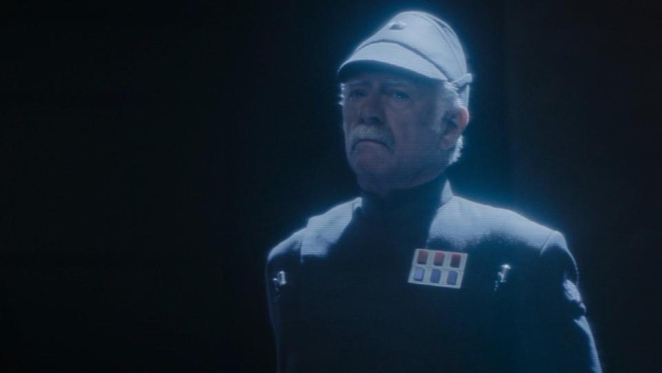 The mustachioed Imperial Captain Pellaeon of the Shadow Council seen in hologram on The Mandalorian