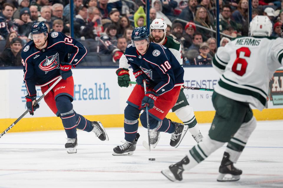 Jan 6, 2024; Columbus, Ohio, USA;
Columbus Blue Jackets left wing Dmitri Voronkov (10) makes his way down the ice during the third period of their game against the Minnesota Wild on Saturday, Jan. 6, 2024 at Nationwide Arena.