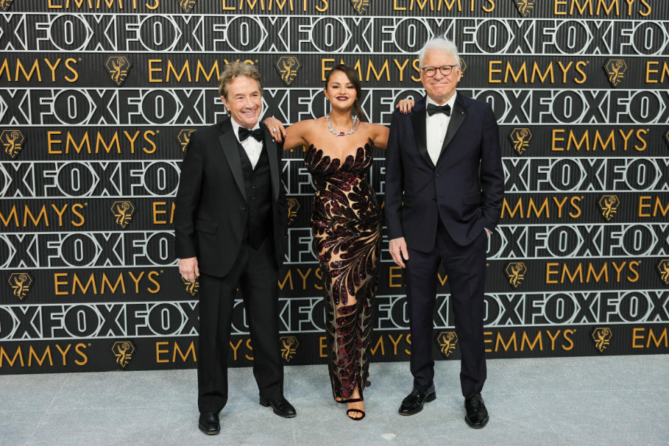 LOS ANGELES, CALIFORNIA - JANUARY 15: (L-R) Martin Short, Selena Gomez and Steve Martin attend the 75th Primetime Emmy Awards at Peacock Theater on January 15, 2024 in Los Angeles, California. (Photo by Neilson Barnard/Getty Images)<p>Neilson Barnard/Getty Images</p>