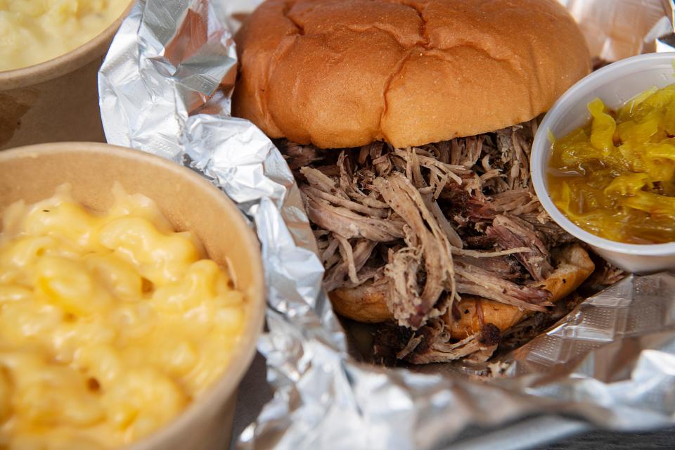 A pulled pork sandwich and macaroni and cheese from Smoked! BBQ.