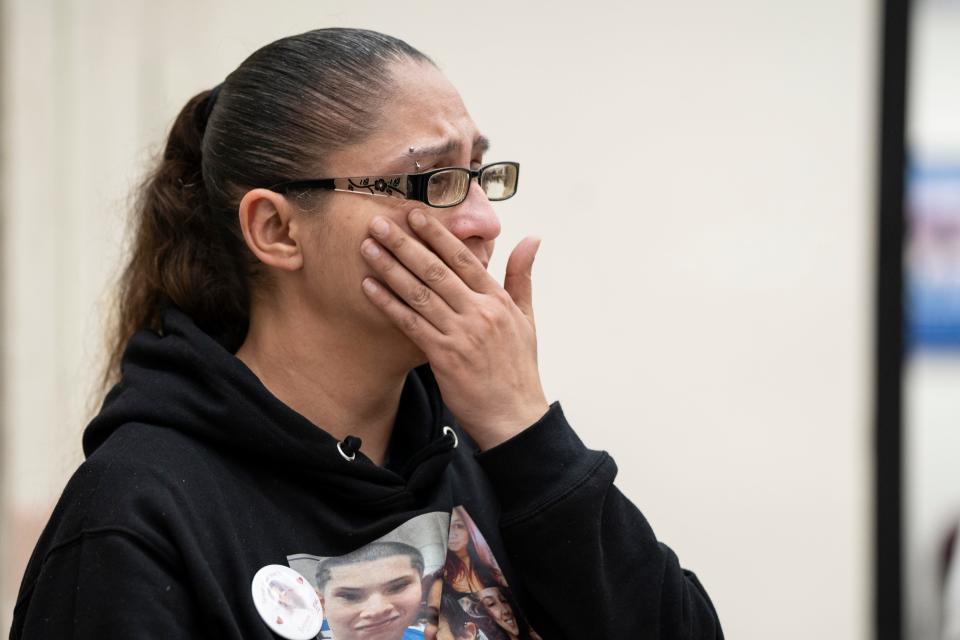 Apr 9, 2024; Paterson, NJ, United States; Jessica Pinero, a close friend of Stephanie DeJesus, reacts after the Justin Fisher hearing at Passaic County Courthouse on Thursday morning. Fisher, accused of killing Stephanie DeJesus, pleaded guilty to second-degree desecration of human remains and third-degree hindering apprehension in DeJesus' murder.