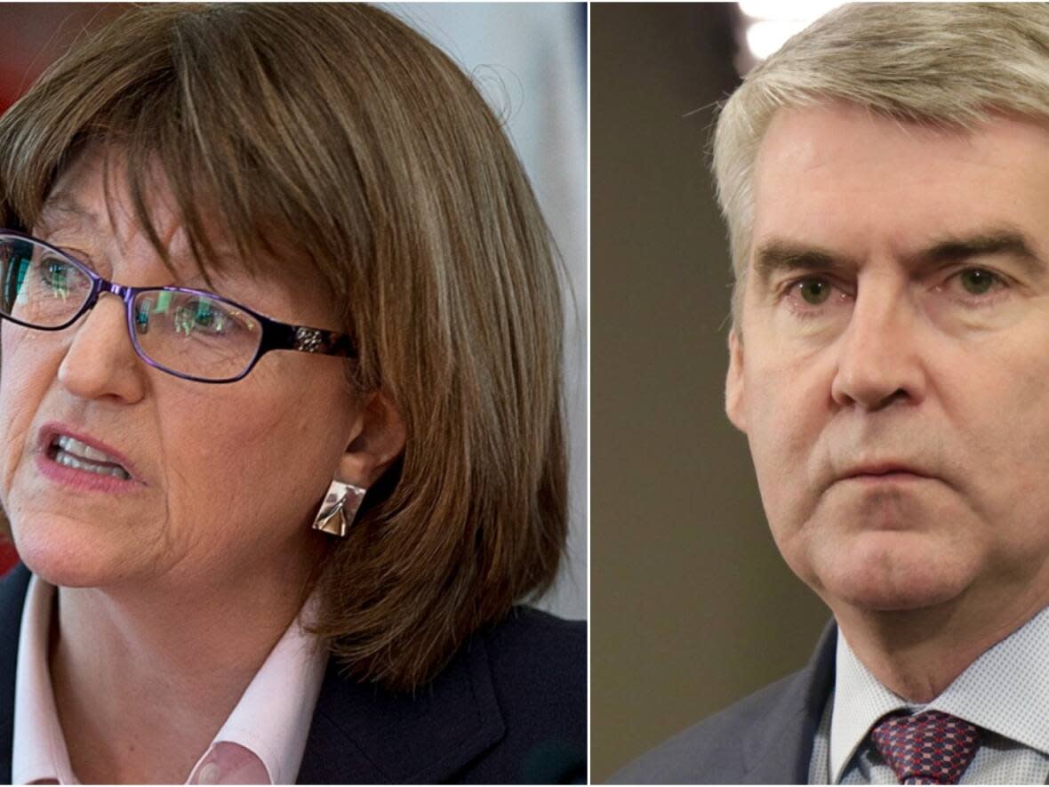 Former attorney general Diana Whalen, left, and then premier Stephen McNeil were targeted in Alex Cameron's lawsuit against the Nova Scotia government.  (Andrew Vaughan/The Canadian Press/Robert Short/CBC - image credit)