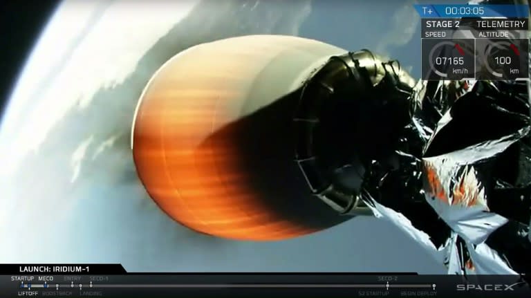 This still image from video obtained from SpaceX shows one of the engines of a Falcon 9 rocket lifting off from Vandenberg Air Force Base, California, on January 14, 2017